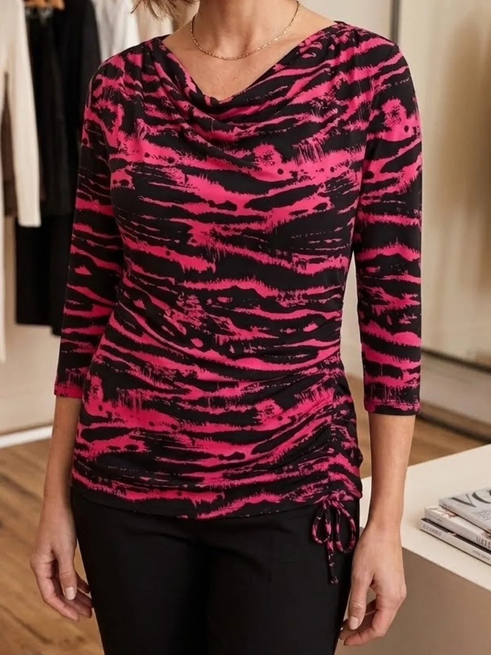 Michael Kors Top Black Pink Tiger Animal Cowl-Neck Ruched medium stretch casual